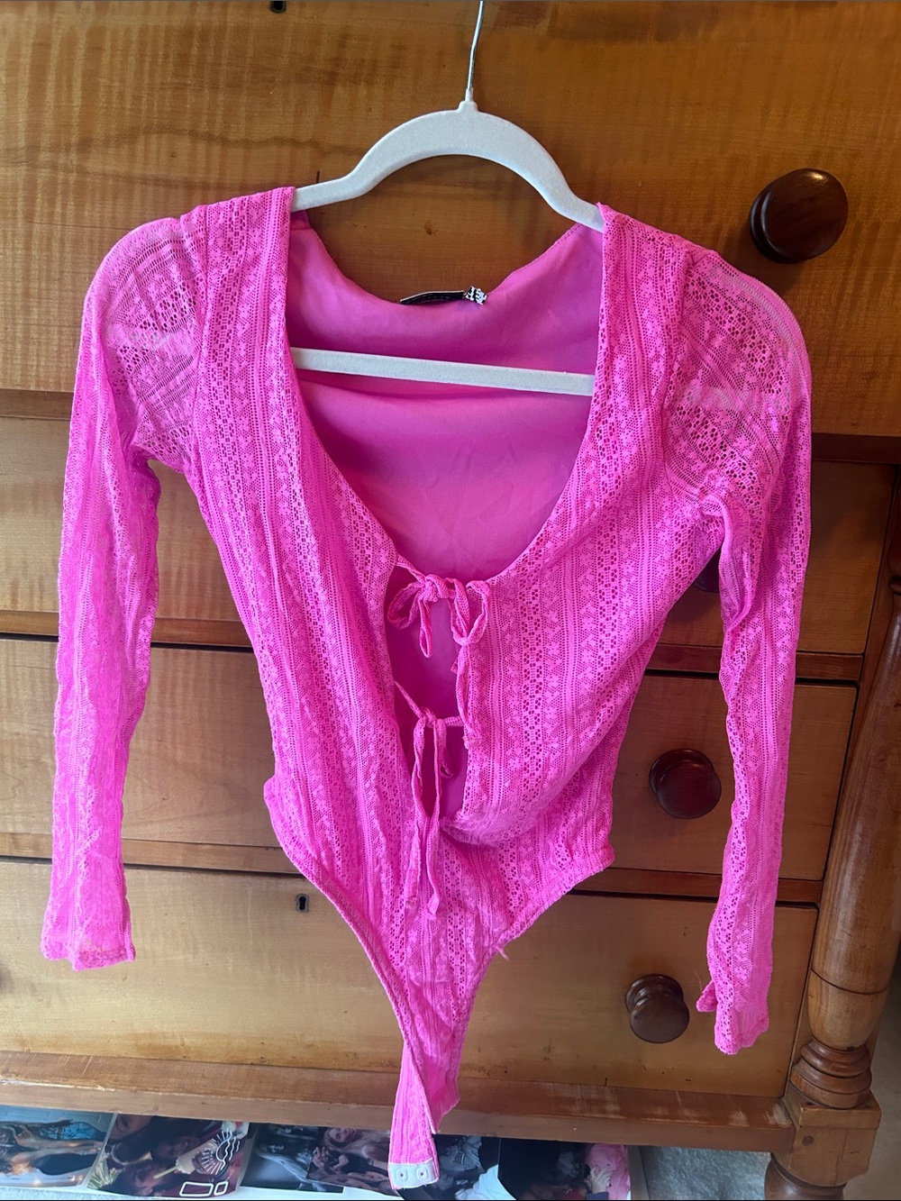 ASOS Hot Pink Lace Tie-Front Long Sleeve Bodysuit